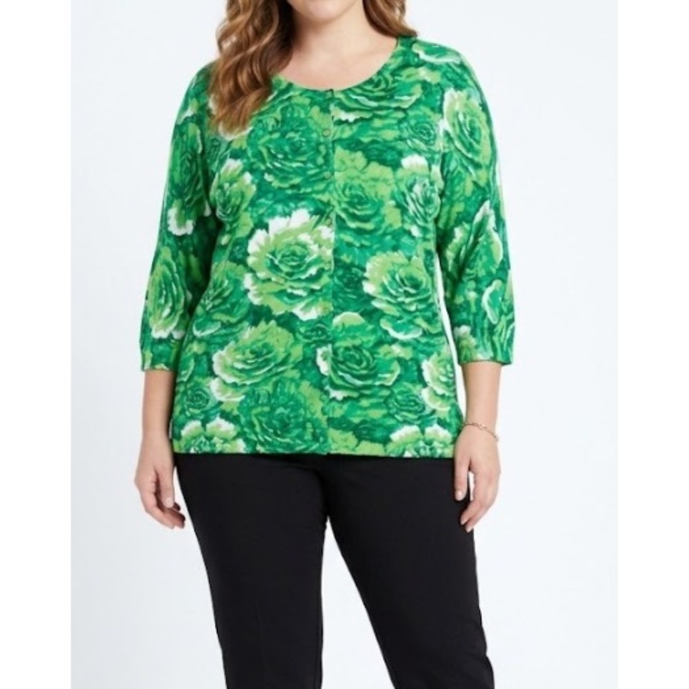 Isaac Mizrahi Cardigan 2X Green Floral Rose Print 100% Cotton Knit Feminine